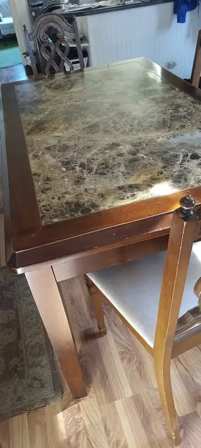 Wooden table with marble top, View more