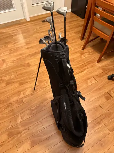 Some golf clubs and bag for sale.