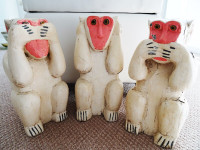 3 WISE MONKEYS hear speak see NO EVIL large FOLK ART wood SHABBY