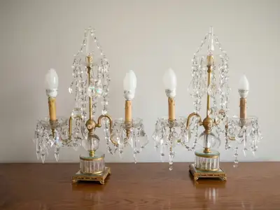 Pair of Vintage French-Style Brass & Crystal Girandole Table Lam, View more
