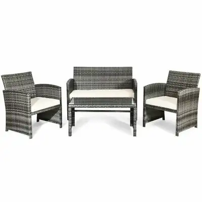 Patio Rattan Furniture Set Conversation Glass Table Top Cushione, View more