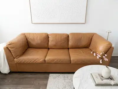 EQ3 Tan Leather Sofa Bed / Pull-Out Couch – Good Condition!, View more