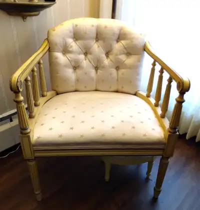 MID-50s ‘HOLLYWOOD’ ARMCHAIR. YELLOW w WHITE & GOLD SILK, View more