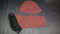 Vintage Red and Black Houndstooth Hat and Scarf Set