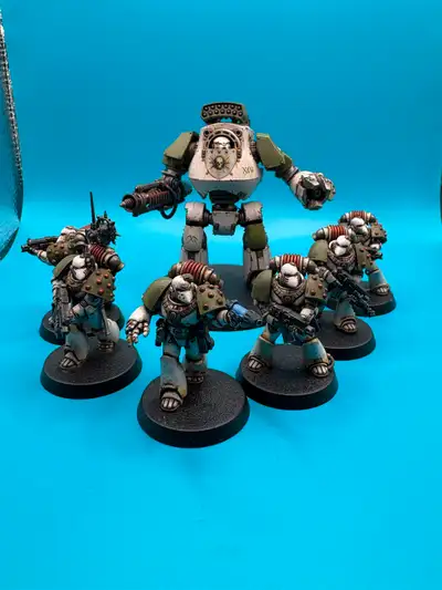 Selling as set. Death Guard dreadnought and 6 Space marines with Death Guard transfer sheet. As seen...