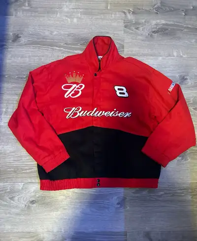 Authentic Budweiser NASCAR jacket featuring Dale Earnhardt Jr. #8, made by Winners Circle. Bold red...