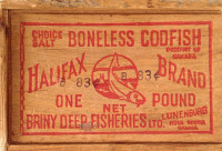 Antiquité 1950 Boîte bois Boneless Codfish Halifax Brand Pound