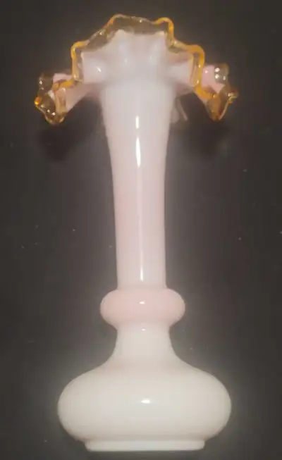 1940s Fenton Gold Crest Pattern Ruffle Top Glass White Milk Vase, View more