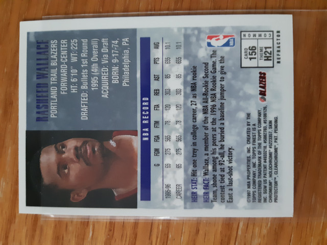 1996-97 Topps Finest Refractors #156 Rasheed Wallace Portland in Arts & Collectibles in St. Catharines - Image 3