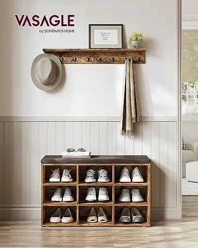 Shoe Bench with Seat, Storage Bench, Cushion, 9 Compartments, Adjustable Shelves, for Living Room, H...