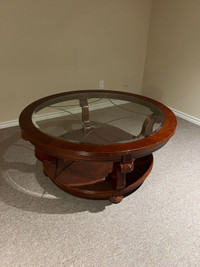ROUND WOODEN COFFEE TABLE WITH GLASS TOP - GREAT CONDITION