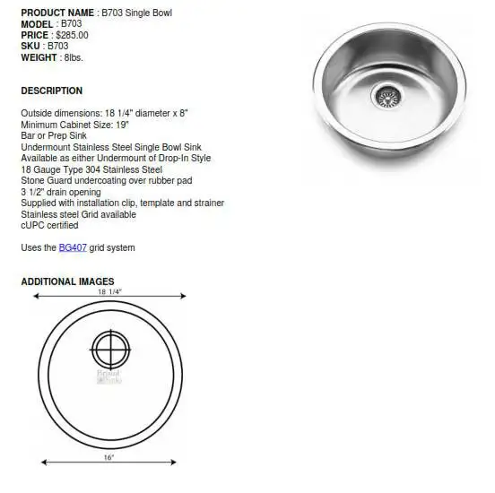 ÉVIER ROND 18 POUCES EN ACIER INOXYDABLE B70363373373362049121