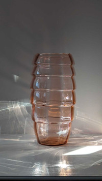 Large Pink Textured Glass Vase.  Pink depression glass 
