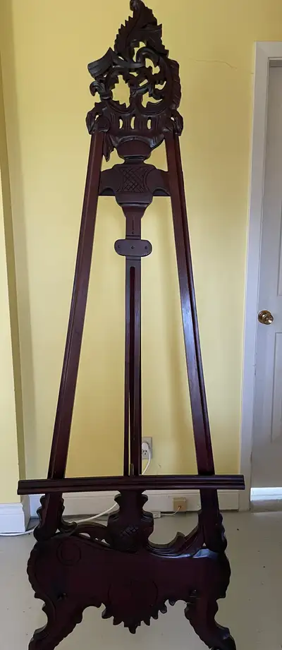 Hand-carved solid mahogany French style art easel, sign board holder, adjustable height, folds for e...