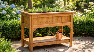 Handcrafted Elevated Wooden Planter Box with Storage Shelf, View more