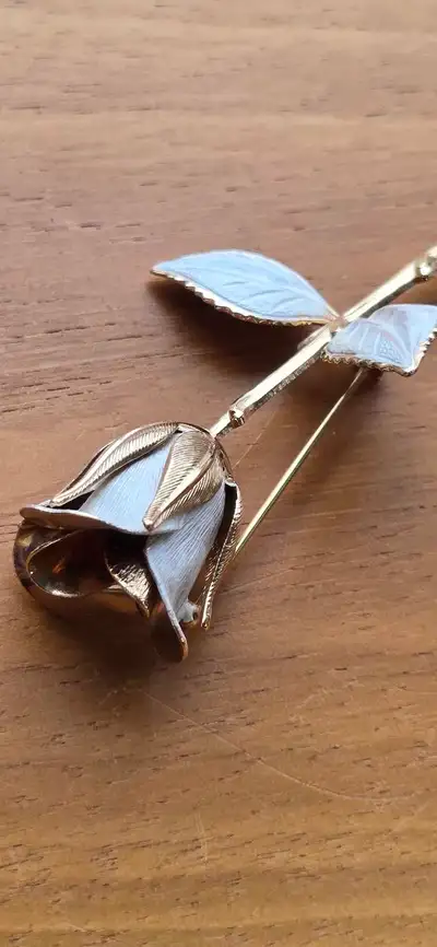 White Enamel Rose Brooch Excellent Condition, View more