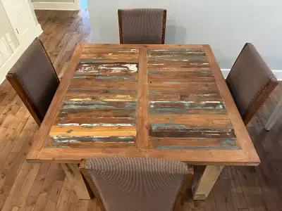 Solid wood table with 4 chairs (1 damaged), View more