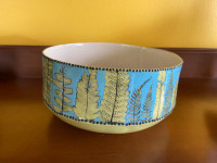 Vintage Hand Made Pottery Bowl Blue with Green Ferns Boho