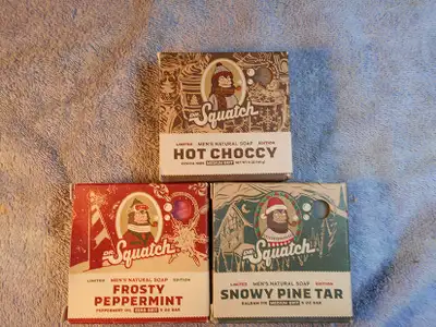 Dr. Squatch Soap, Winter limited editions. Three bars. Hot Choccy (Cocoa nibs, Medium grit), Frosty...