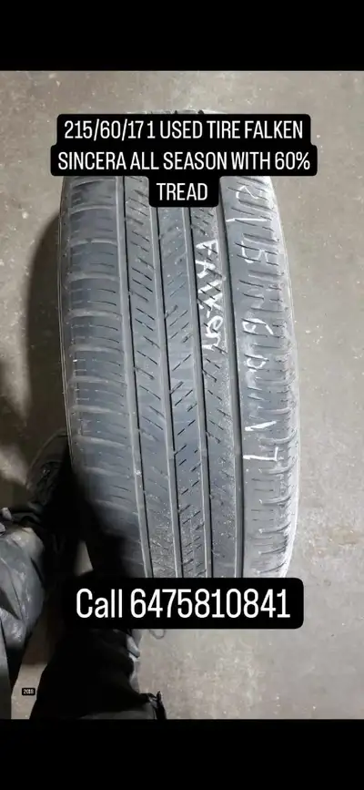 This is a used Falken Sincera all-season tire, size 215/60/17, with approximately 60% tread remainin...