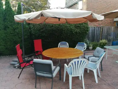 10 ft Offset outdoor umbellar with table & 8 chairs set, View more