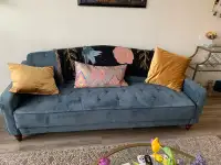 Demin blue velvet confertible sofa bed and matching armchair