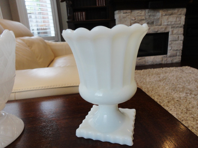 3 Milk Glass 6"x 4.5" Dia. Vases, Hobnail, Wing Tip &Scalloped in Home Décor & Accents in Kitchener / Waterloo - Image 4