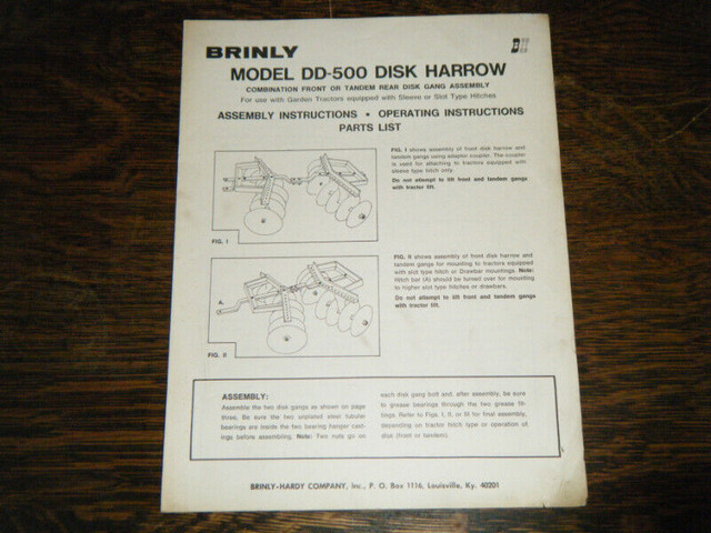 Brinly 500 Disk Harrow  Operating and Parts List  Manual in Other in Oakville / Halton Region