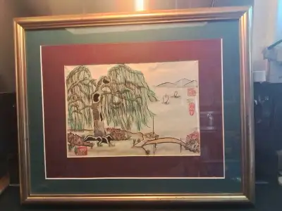 Vintage "Eyes of the Willow" Chinese Signed and Stamped Watercolour 22x18" This captivating "Eyes of...