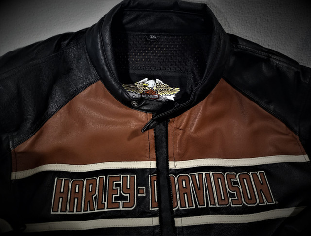 Manteau Harley Homme 2XLARGE Cuir Noir Orange Brûlé 365$ dans Hommes  à Ville de Montréal - Image 2