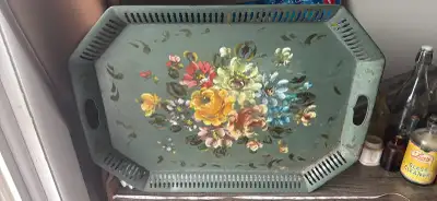 large metal tray with flower motif hand painted , View more