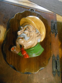 Vintage Wall Plaque Old Man Smoking a Pipe with Dark Yellow Cap