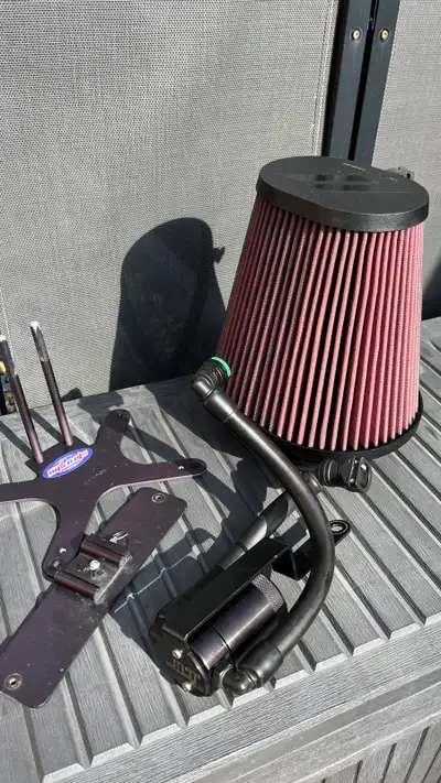 High flow air filter {Mopar} , JLT 3.0 oil separator, Sto n Sho detachable license plate bracket, al...