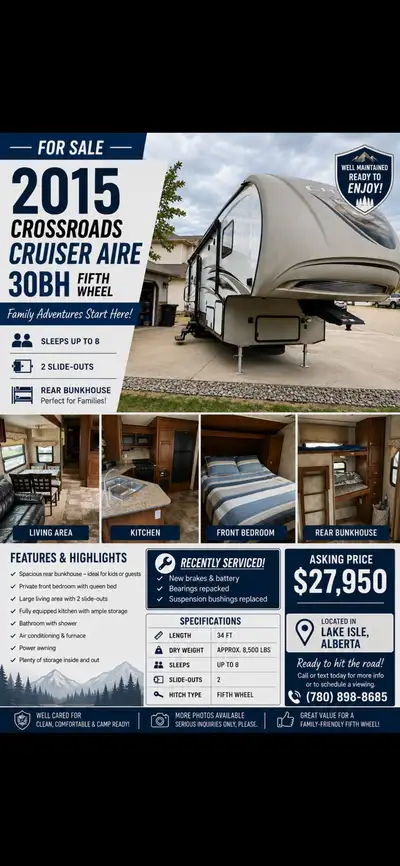 2015 CrossRoads Cruiser Aire 30BH Fifth Wheel Located at Lake Isle  Asking $27,950 Take the family c...