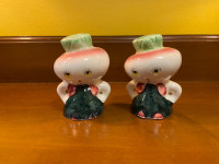 Vintage Turnip Radish Head Anthropomorphic Ceramic Salt and P