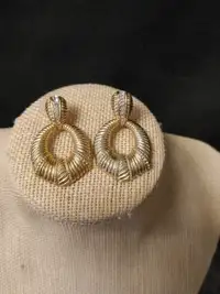 Gold Tone With Clear Stone Drop Hoop Earrings