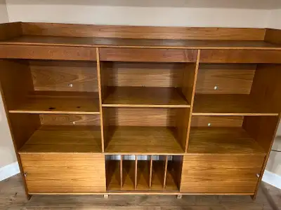 Teak Wall unit, decent shape some dicolouration on a shelf. 6 ft 8" long 4 ft 9" tall 18" deep