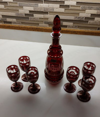 Decanter and 6 Glasses Egermann Ruby Glass  Cut