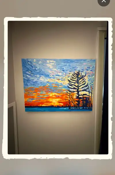 A Landscape painting of Michigan lake at sunset using dramatic bold colours and striking textured br...
