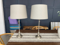 Two table lamps, Satin nickel finish with gray shades,27 in high