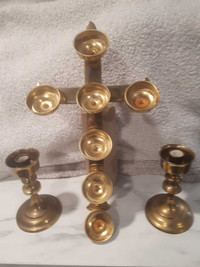 Brass Church Alter Set of Candle holders and Cross 