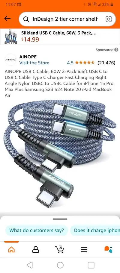 bn USB c cable 60 watt 2 pack , View more