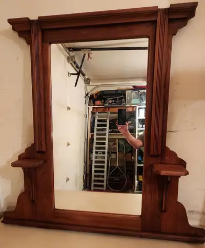 Beautiful Antique Wood Hall Mirror by Eastlake With 2 Shelves, View more