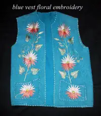 Woman's Vest, L,  blue with colourful floral embroidery