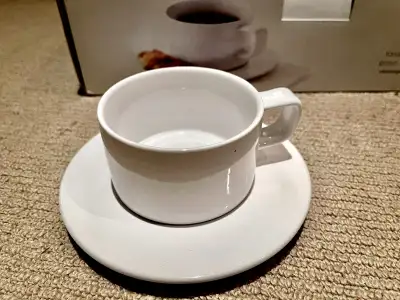 Pure white contemporary ceramic coffee / tea cups & saucers, View more