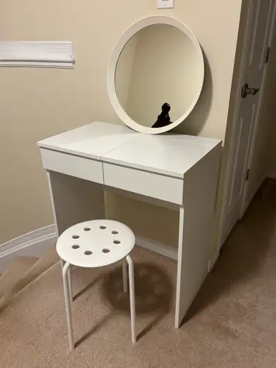 Vanity as per sizes in photo with round mirror 50 cm diameter and chair. All are in excellent condit...