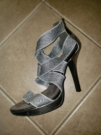 Silver Strap Heels Size 10(great stretch if you have wide feet)