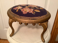 Antique Ornate Needlepoint Foot Stool with Cast Iron Legs