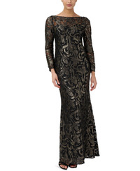 ADRIANNA PAPELL  Embroidered Lace Zippered Long Sleeve dress