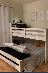 Unique white twin over full bunk bed with bookshelf & 2 drawers 